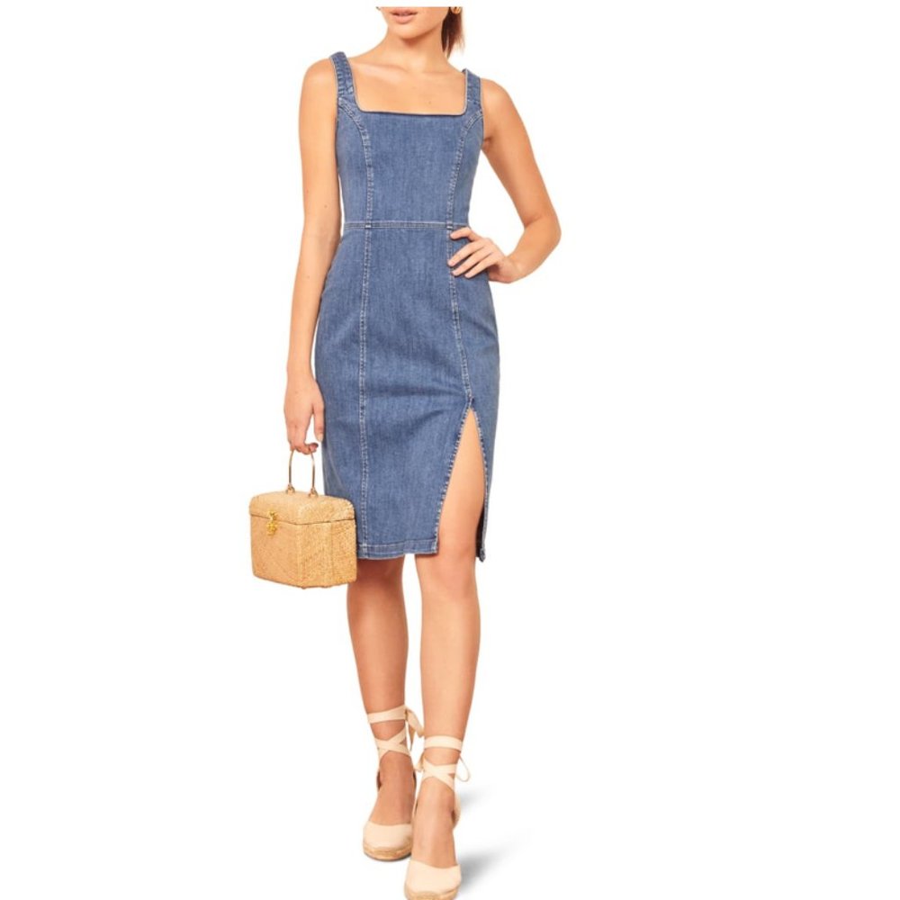 Reformation Joella Dress Denim Fitted Slit